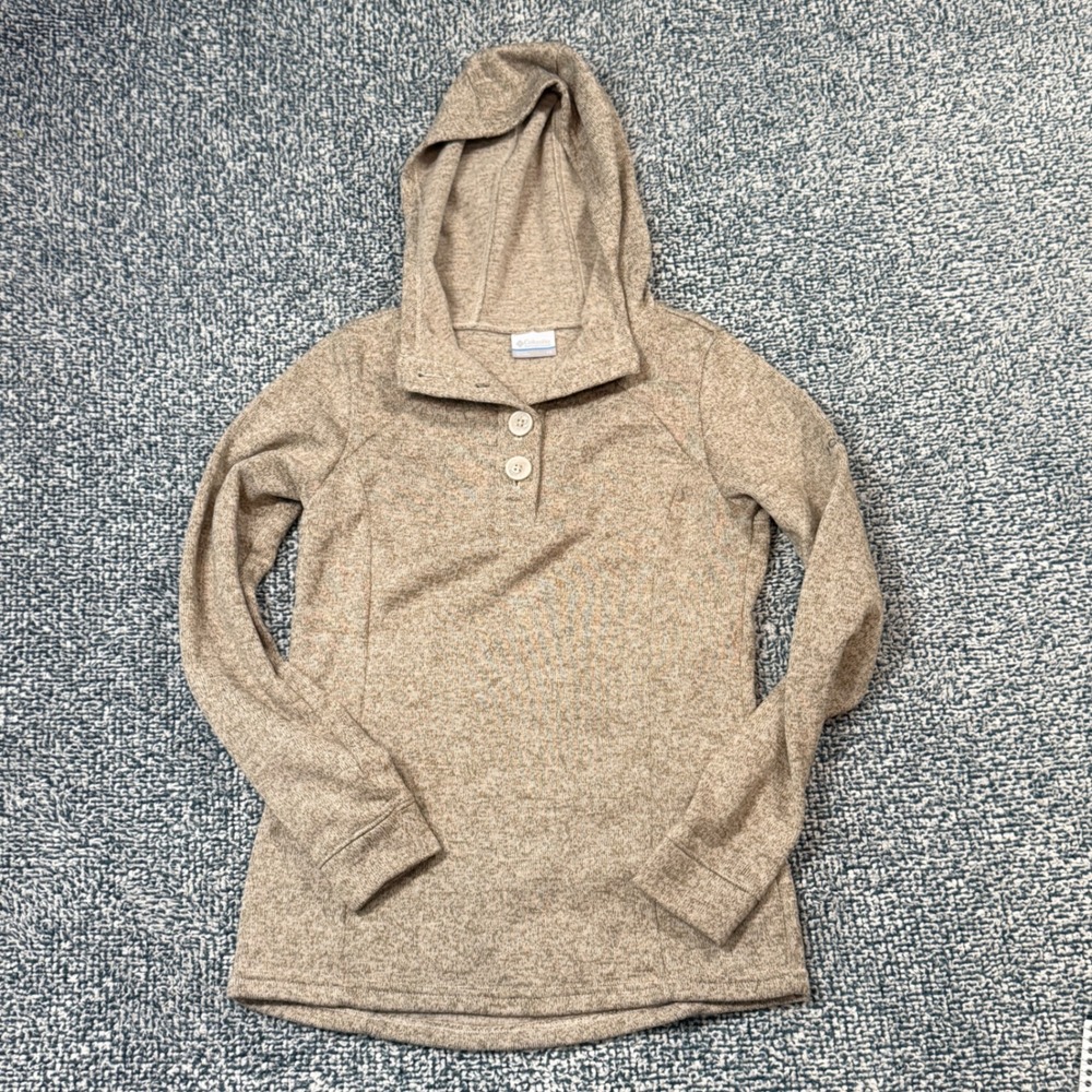 Columbia Womens XS Tan Marl Knit Button Henley Hoodie Fleece Lined Pullover